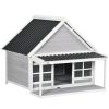 Wooden Dog House with Porch, Dog House Outdoor with Tilt Roof, Front Door, Windows for Medium Large Sized Dog