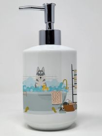 Ceramic Soap Dispenser Hand Soap Dispenser Pump Bottles for Bathroom Kitchen, Empty Refillable Liquid Soap Container (Breed: Grey Siberian Husky)
