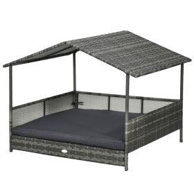 Outdoor Dog Bed with Canopy, Rattan Dog Bed with Soft Cushion Removable Cover for Medium and Large Dogs (Color: Dark Gray)