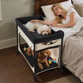 Elevated Lounge Pet Bed, Foldable Bunk Dog Bed With 600D Oxford Cloth And Dutch Velvet, Portable Raised Cot With Wheels, Side Storage Bags, And C (Option: Beige)